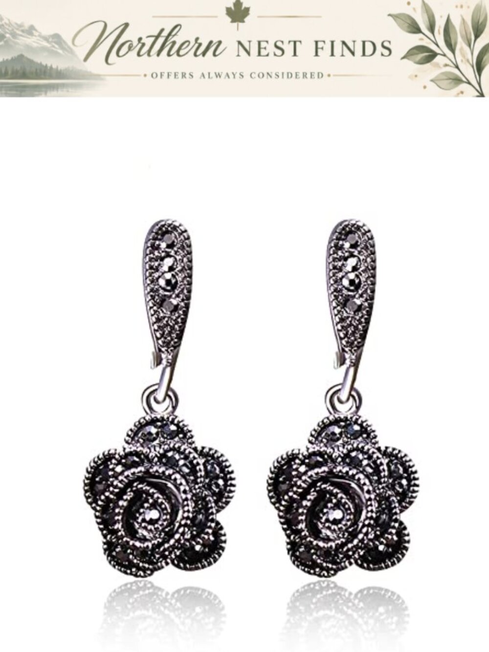 Vintage CZ Rose Flower Drop Earrings